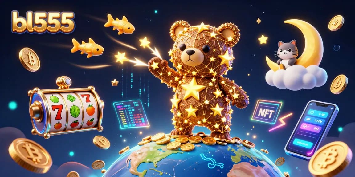 Engage in thrilling slots with bl555, featuring vibrant characters and glowing crypto elements.