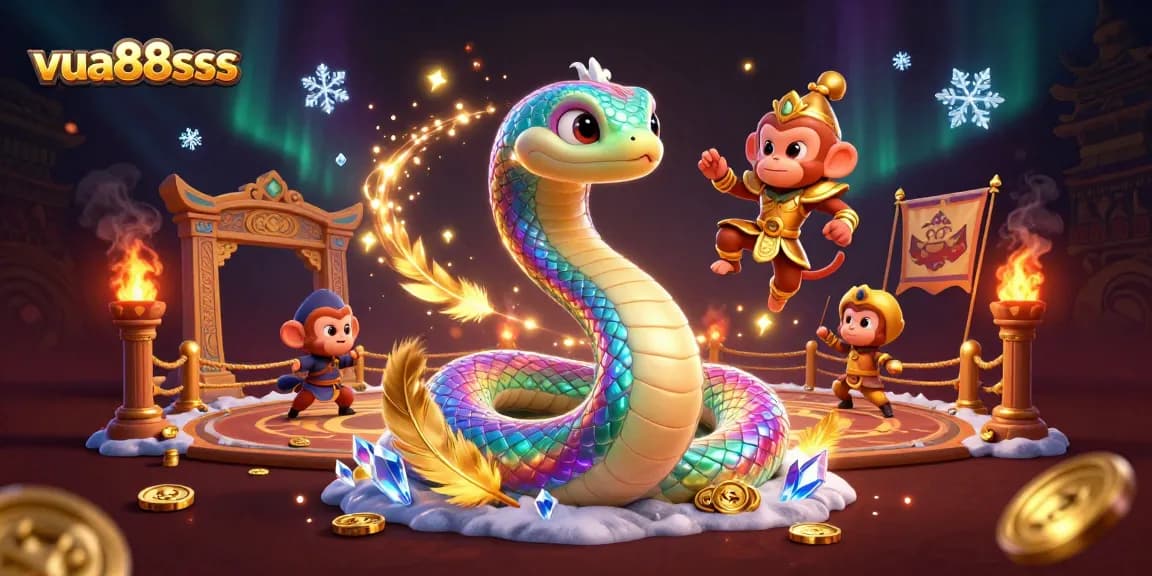 Experience the vibrant world of vua88sss with a playful monkey king and rainbow serpent amidst dazzling casino elements.