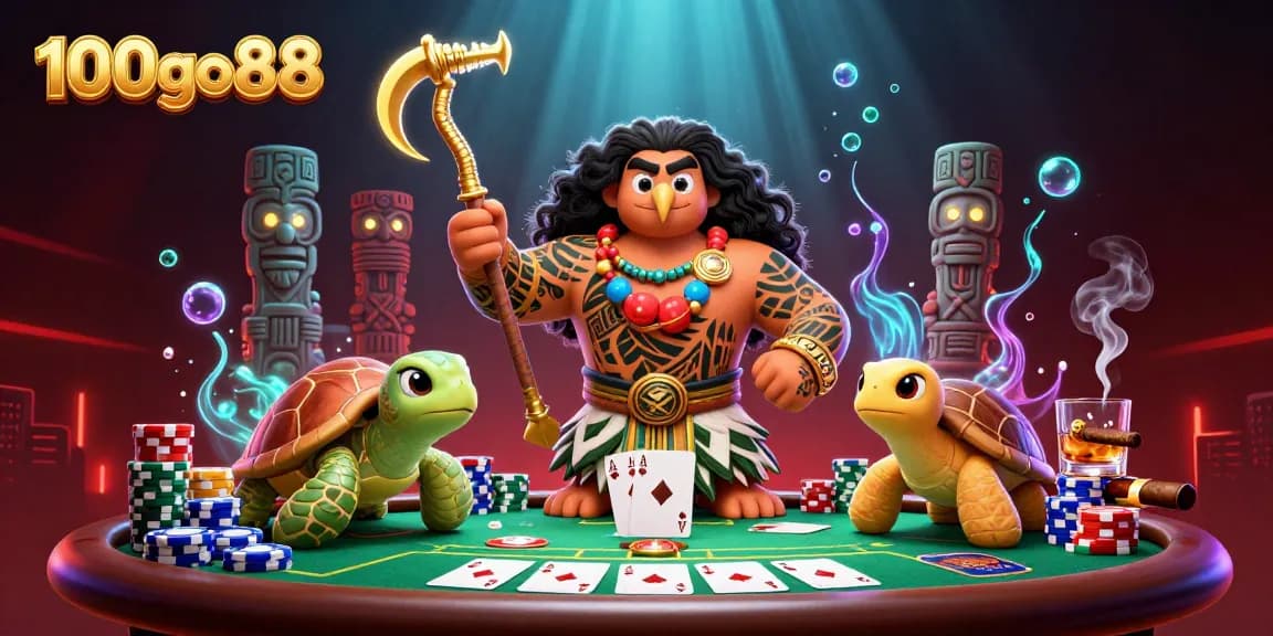 Experience thrilling poker action with 100go88 in this vivid casino-themed illustration.