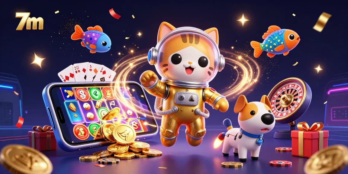 Experience thrilling action with 7m, featuring a casino-themed cat in space with vibrant gaming elements.