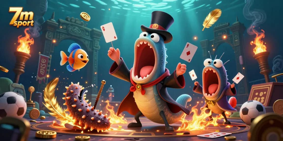 Engage with 7m sport action in this vibrant underwater gambling scene featuring colorful characters and games.