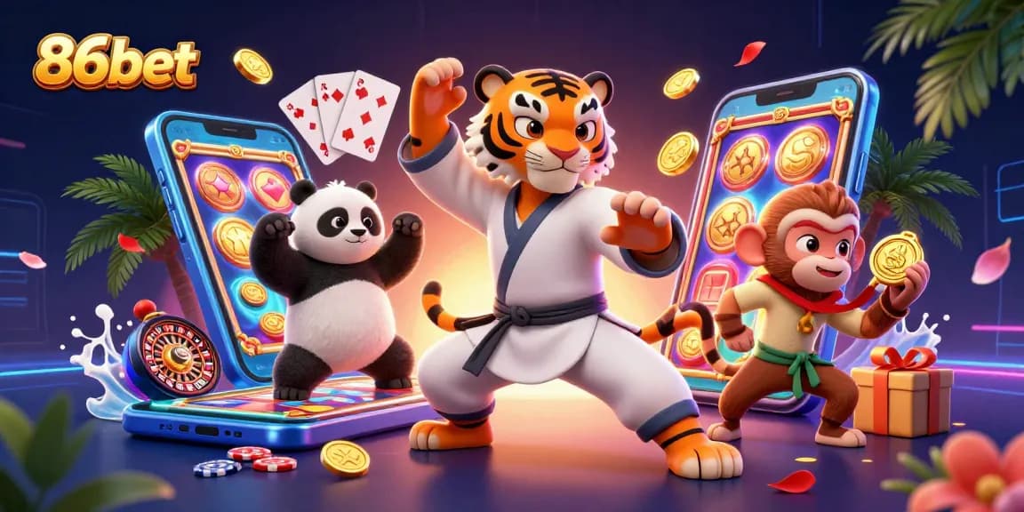 Engage with the thrilling world of 86bet through this vibrant scene highlighting playful characters amidst dynamic casino elements.