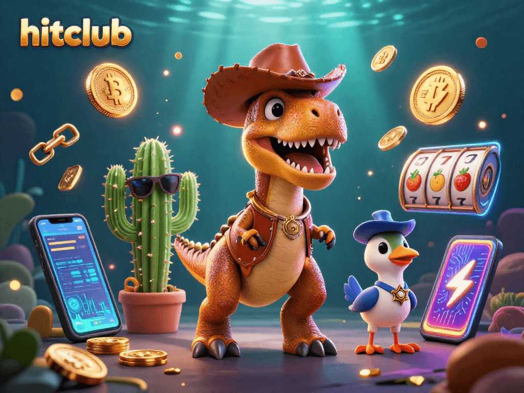 Engage with hitclub's vibrant casino action featuring dynamic characters and crypto elements in a colorful slot scene.