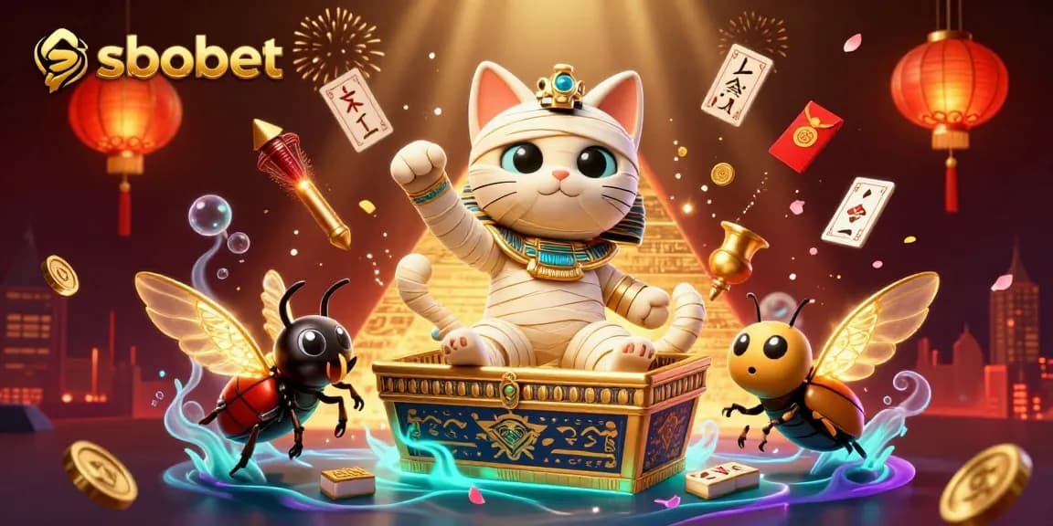 Experience thrilling sbobet sports action with a mummy cat and scarab beetle in dynamic 3D casino illustration.