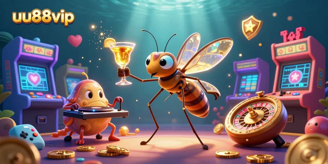 Engage with uu88vip through a vibrant gaming scene featuring a lively casino mascot, a dynamic DJ, and a golden roulette wheel!