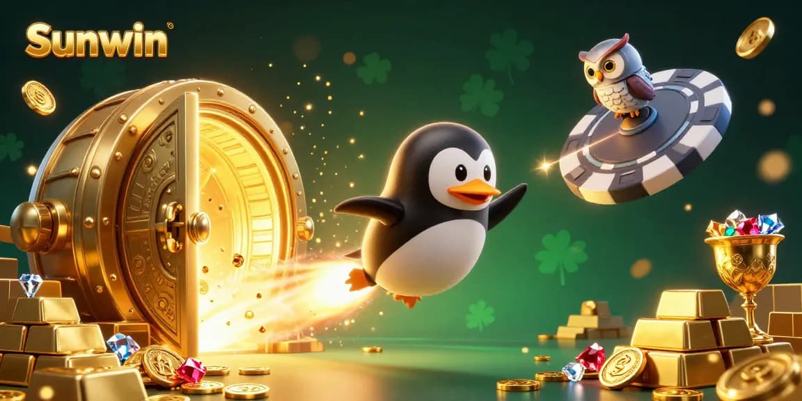 Experience the thrill of Sunwin gaming with a golden penguin blasting towards a casino, surrounded by riches.