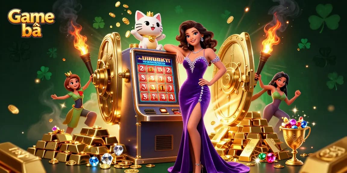 Experience thrilling wins with Game bài, featuring a glamorous woman at a jackpot slot machine.