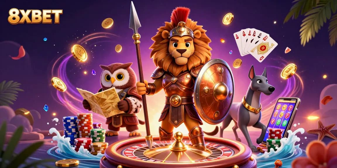 Experience exciting gameplay with 8XBET alongside a heroic Spartan lion and tactical owl in a vibrant casino scene.