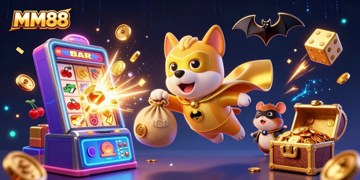MM88 excitingly showcases a superhero dog and sidekick amidst a vibrant casino scene filled with jackpots and thrills.