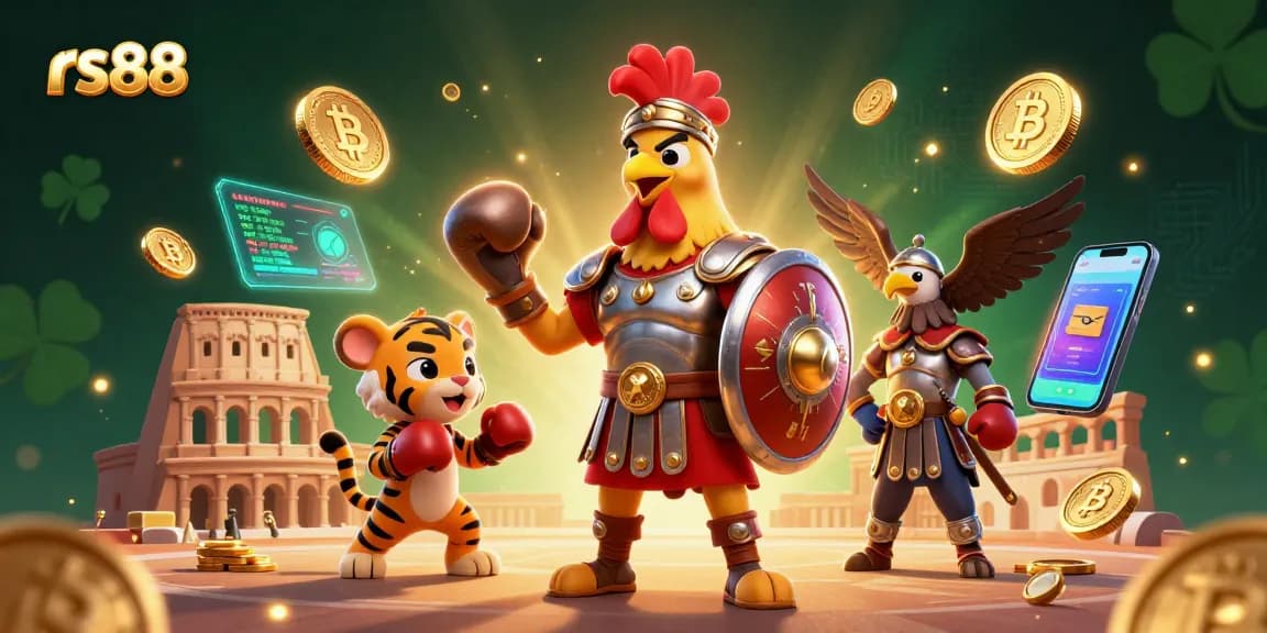 Experience thrilling gameplay at rs88 with an engaging 3D scene of a rooster in Roman armor.