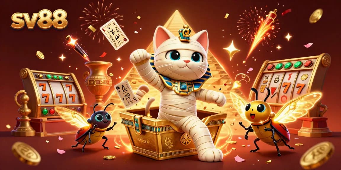 Experience the thrill of sv88 with an Egyptian mummy cat and golden jackpot symbols bursting in a vibrant casino scene.