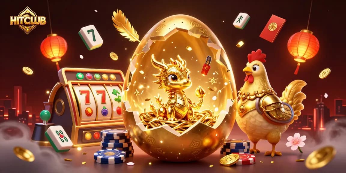 Experience the thrilling games at HITCLUB with vibrant illustrations of golden dragons and slot reels.