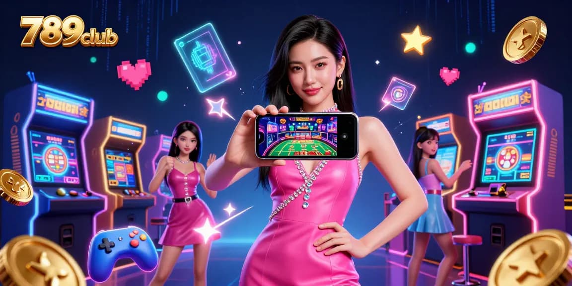 Experience the thrill of 789club with a stunning woman in a vibrant cocktail dress engaging in live dealer games amidst dynamic casino elements.