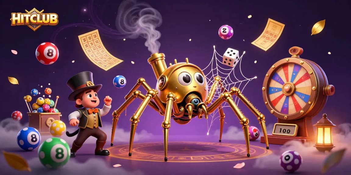 HITCLUB captivates with a dynamic scene featuring a steampunk spider and a trapped fly gentleman surrounded by vibrant gambling elements.