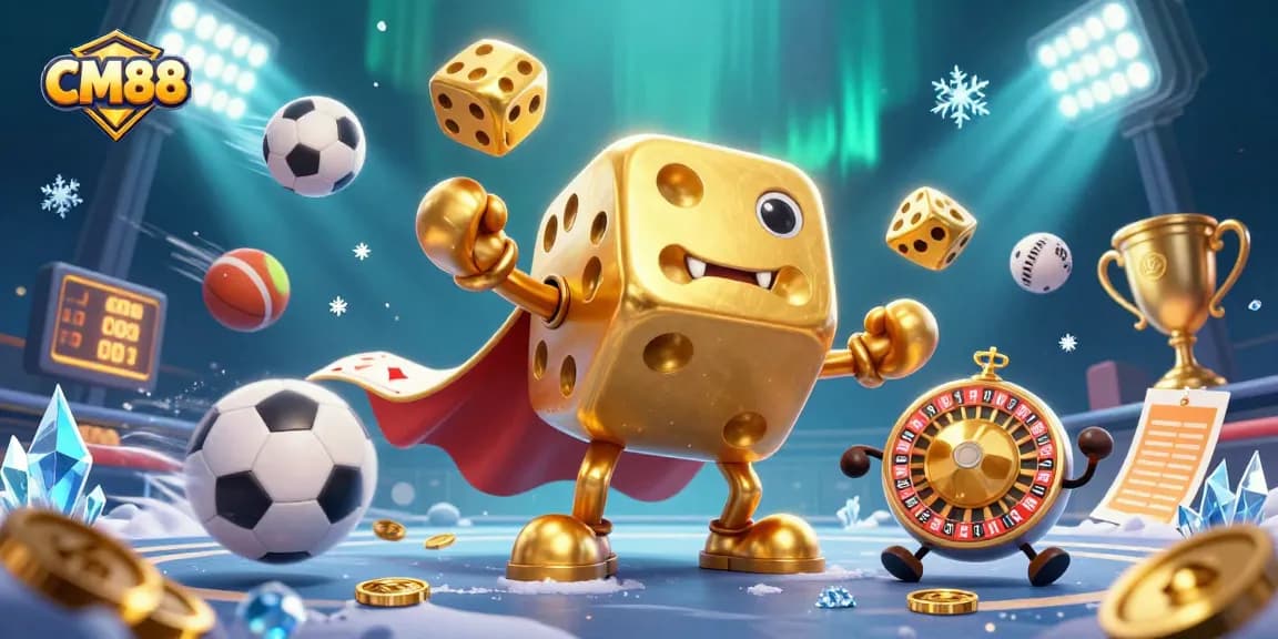 Engage with CM88's thrilling gaming environment featuring dynamic dice and sports action elements.