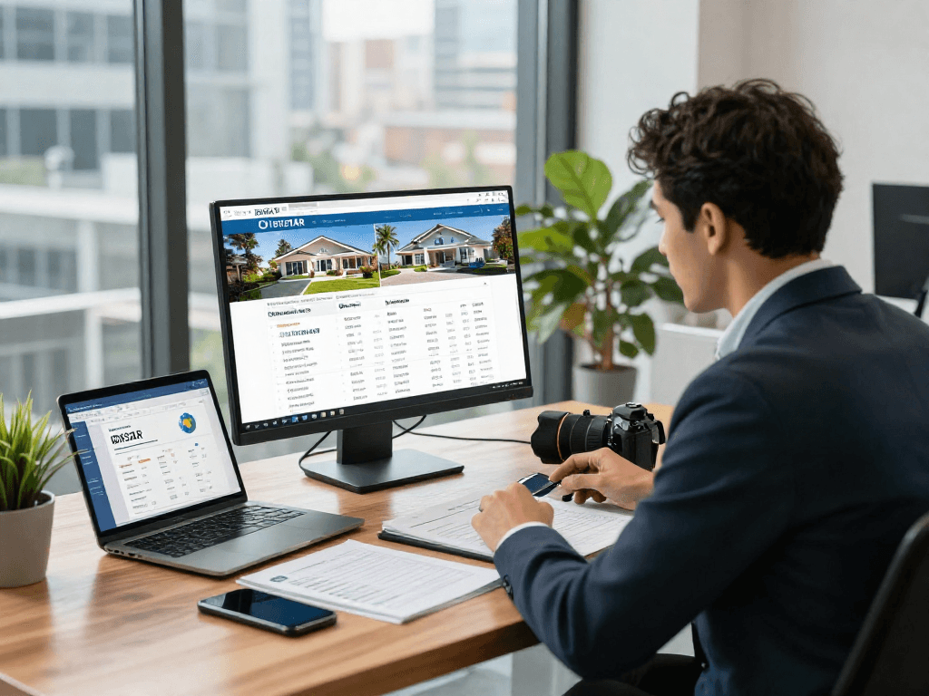 Real estate agent reviewing IDXSTAR listings in a modern office