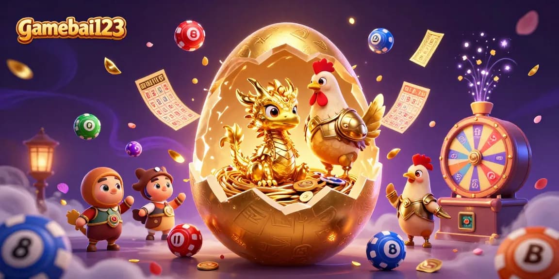 Experience the exciting world of gamebai123 with this vibrant illustration featuring a golden dragon and poker chips.
