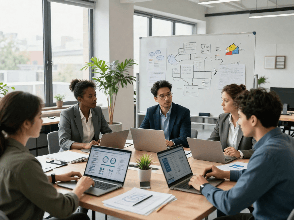 Collaboration among UK businesses in a modern office environment during strategic planning.