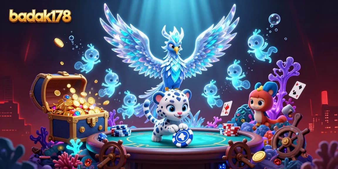 Engage with badak178's thrilling poker scene featuring an ice phoenix and vibrant casino elements.