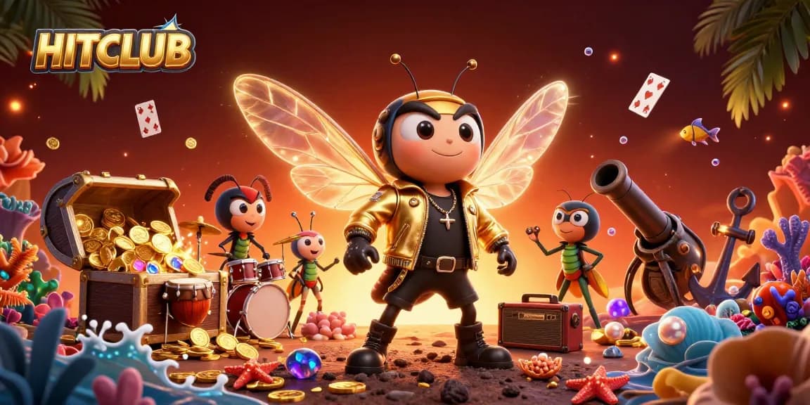 HitClub features an engaging scene with a cicada rock star and dynamic casino elements.