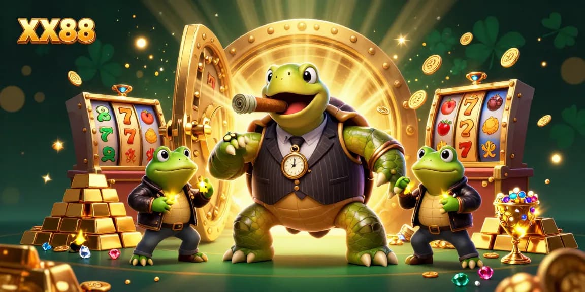 Spin to win with XX88 in this vibrant casino scene featuring a snapping turtle and bullfrog enforcers.