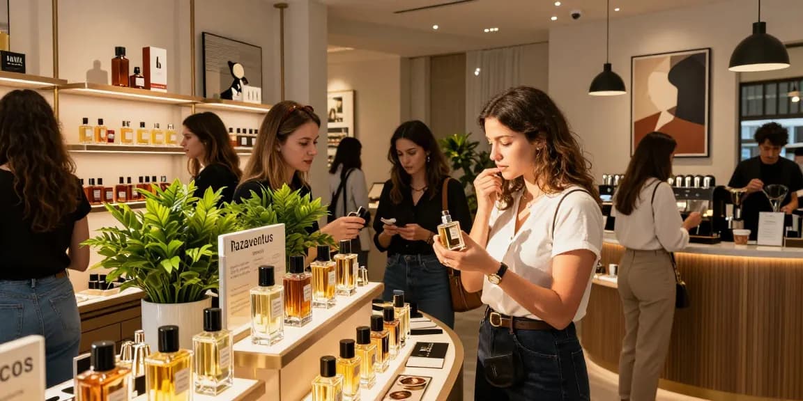 Luxury fragrance shopping experience showcasing Razaventus in a chic retail setting.
