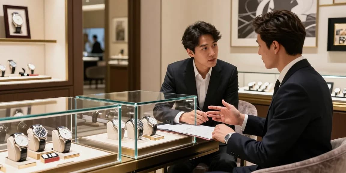 Admiring luxury replica watches in an elegant boutique setting.
