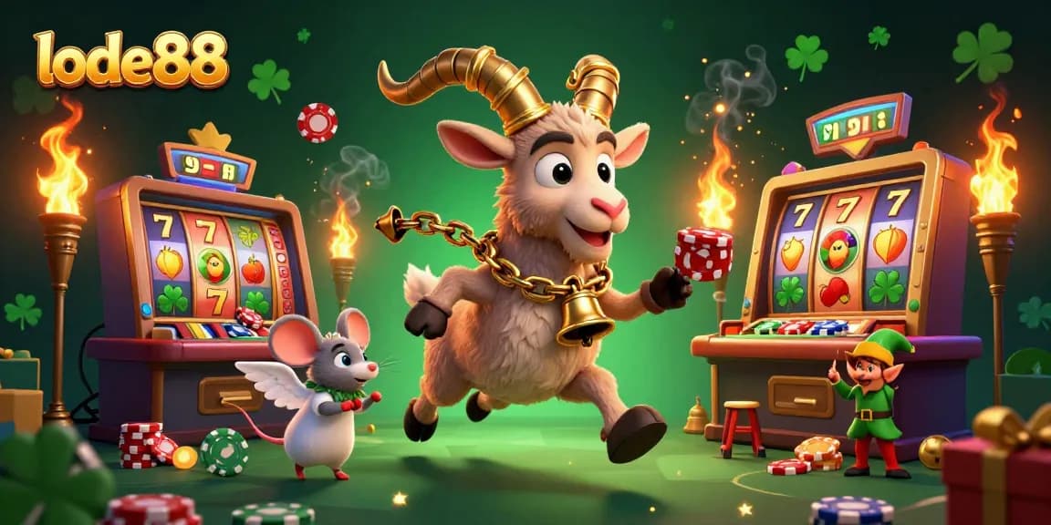 Engage with lode88's thrilling casino experience featuring Krampus and fun characters in a vibrant scene.