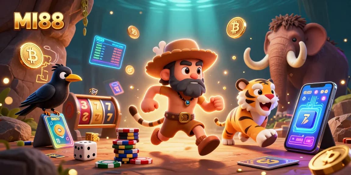 Play slots at MI88's engaging prehistoric casino featuring a dynamic caveman duo.