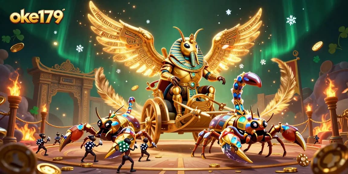 Experience exciting gameplay at oke179 with a vibrant illustration featuring a pharaoh beetle and scorpions.