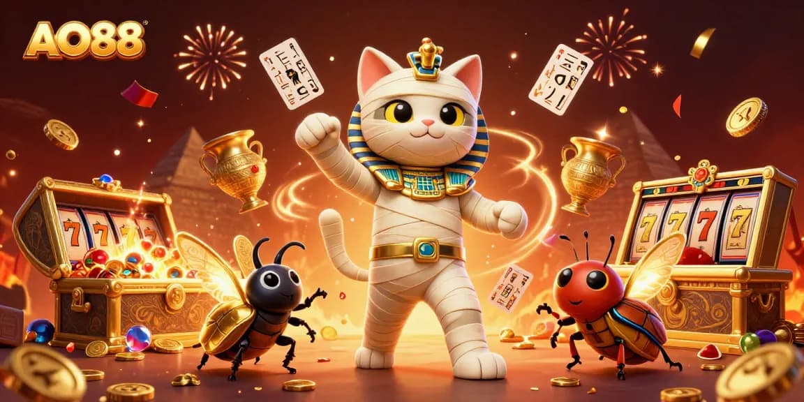 Win big with AO88 as the Egyptian mummy cat and its scarab companion celebrate in a vibrant casino scene.