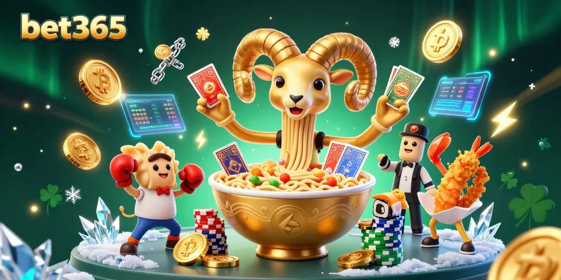 Experience the thrill of bet365 with a lively 3D casino scene featuring cartoon giants and crypto elements.