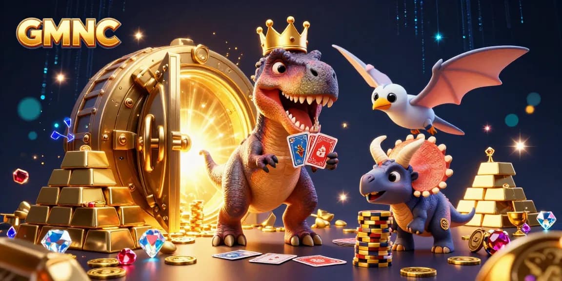 GMNC showcases T-Rex shuffling cards while a pterodactyl assists, surrounded by treasures.