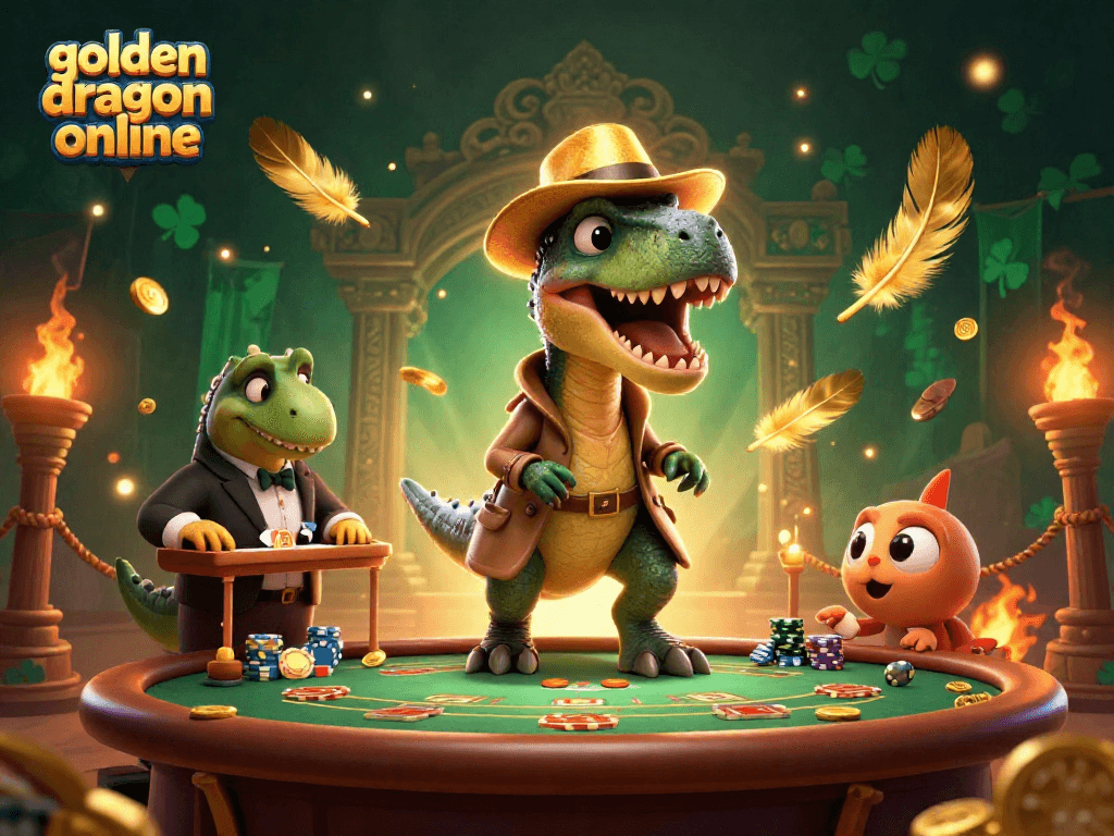 Experience winning strategies in golden dragon online slots with animated characters at a dynamic gambling table scene.