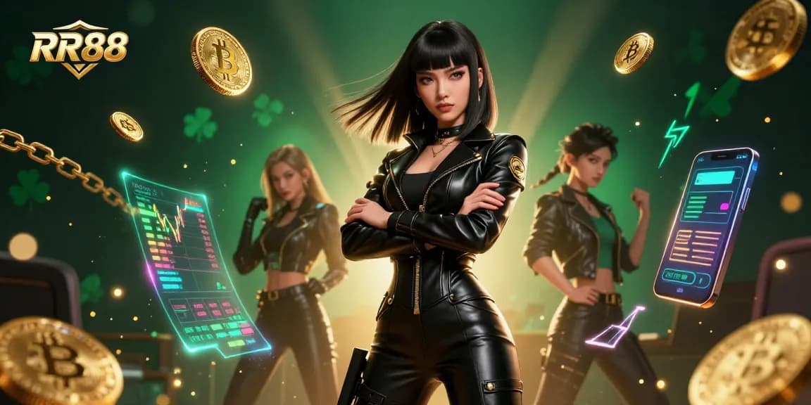 Engage with RR88's vibrant online casino experience featuring stunning characters, crypto elements, and dynamic visuals.