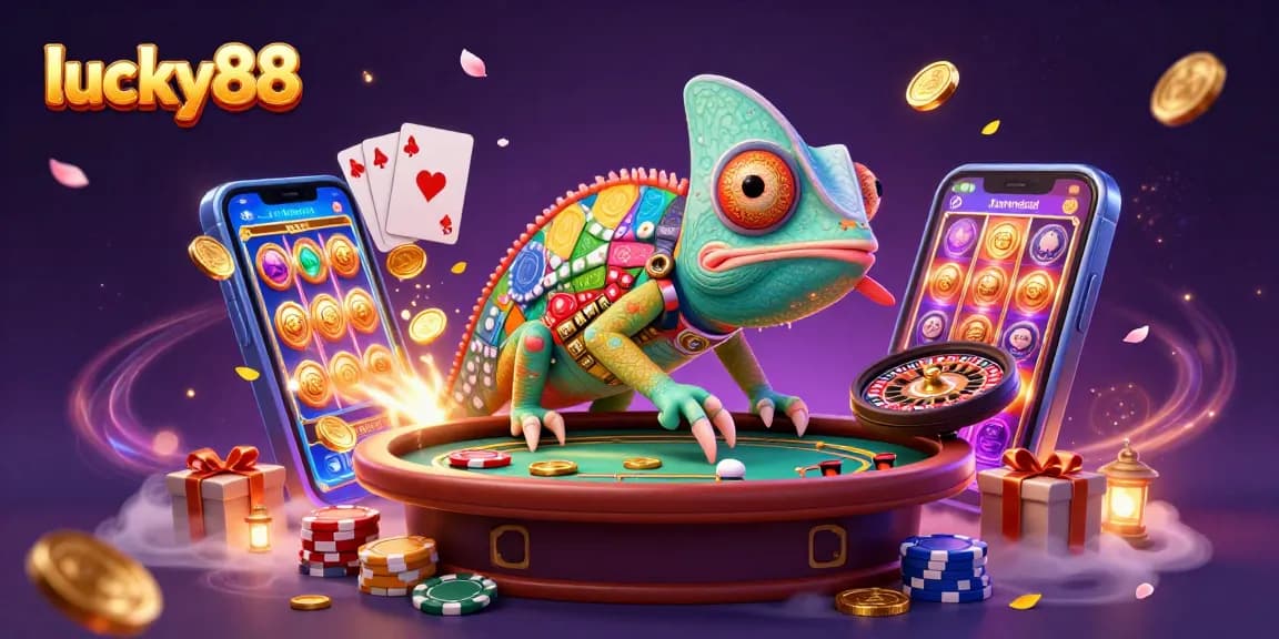 Play exciting games at lucky88 with a vibrant chameleon owner amidst casino delights.