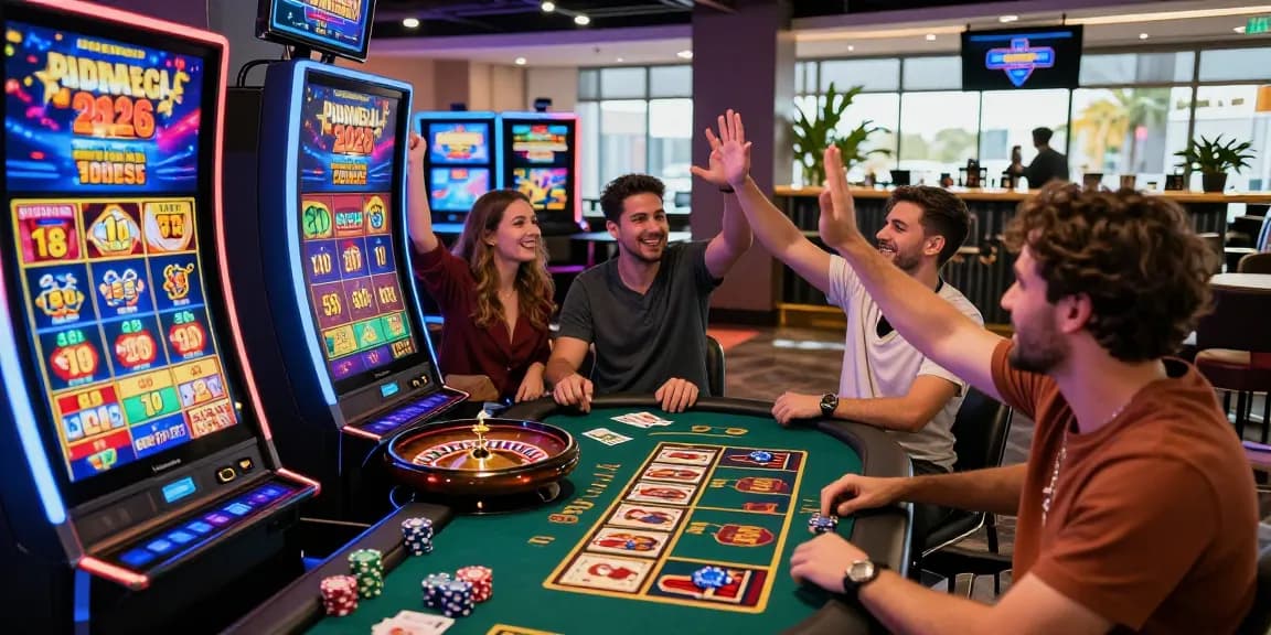 Dewavegas online casino players celebrating a big win surrounded by vibrant gaming elements.