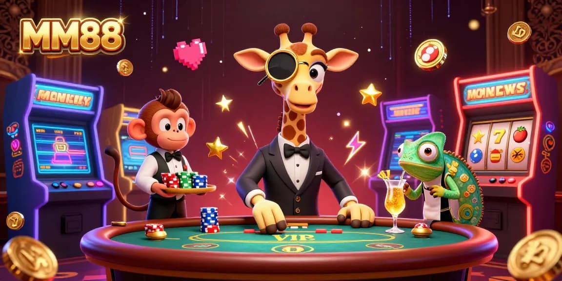 Experience thrilling gaming with MM88's vibrant 3D casino scene featuring a giraffe and friends.