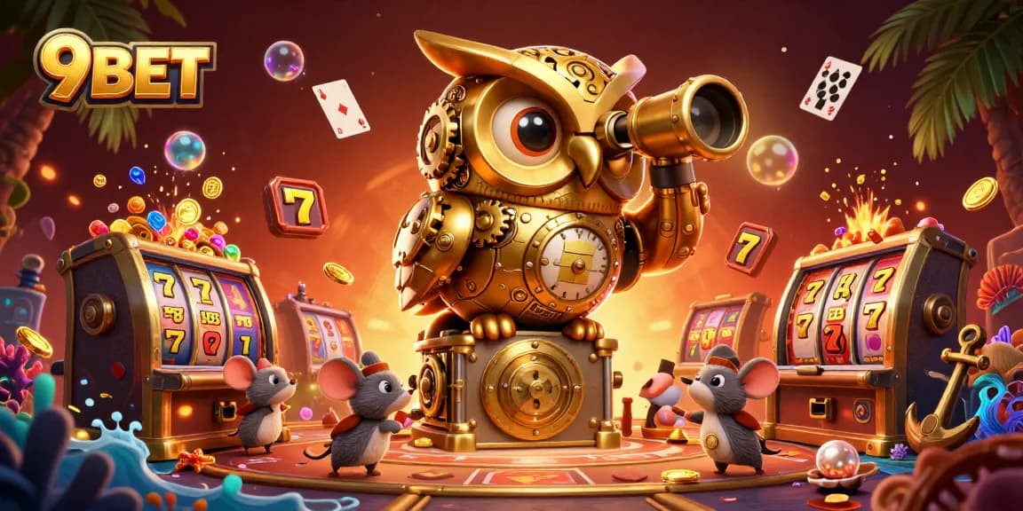 Experience the thrill of winning at 9BET with an engaging 3D casino scene featuring a golden owl and vibrant slot machines