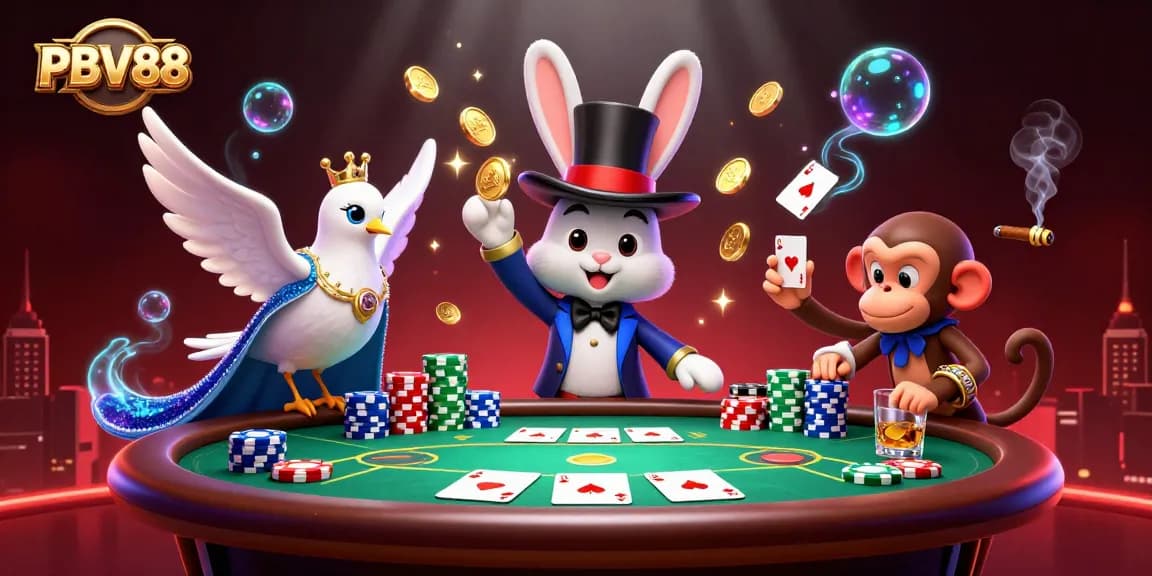 Experience the excitement of PBV88 with a colorful casino scene featuring dynamic gambling characters.
