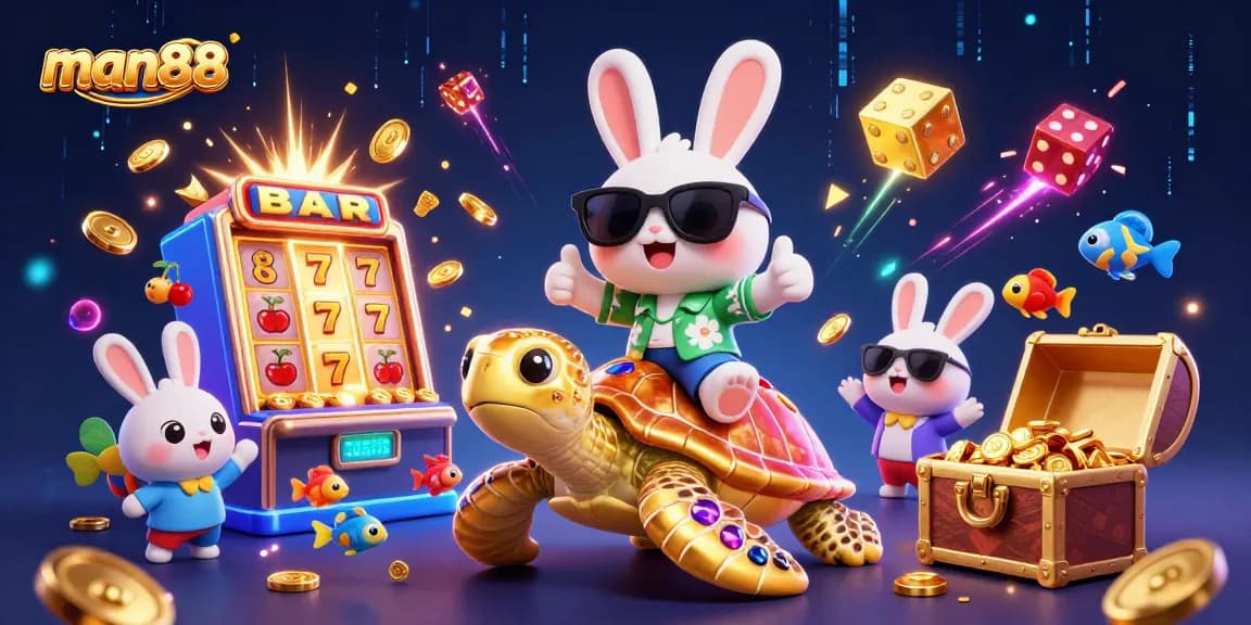 Experience thrilling fun with man88 as a lucky rabbit rides a golden turtle amidst casino excitement.