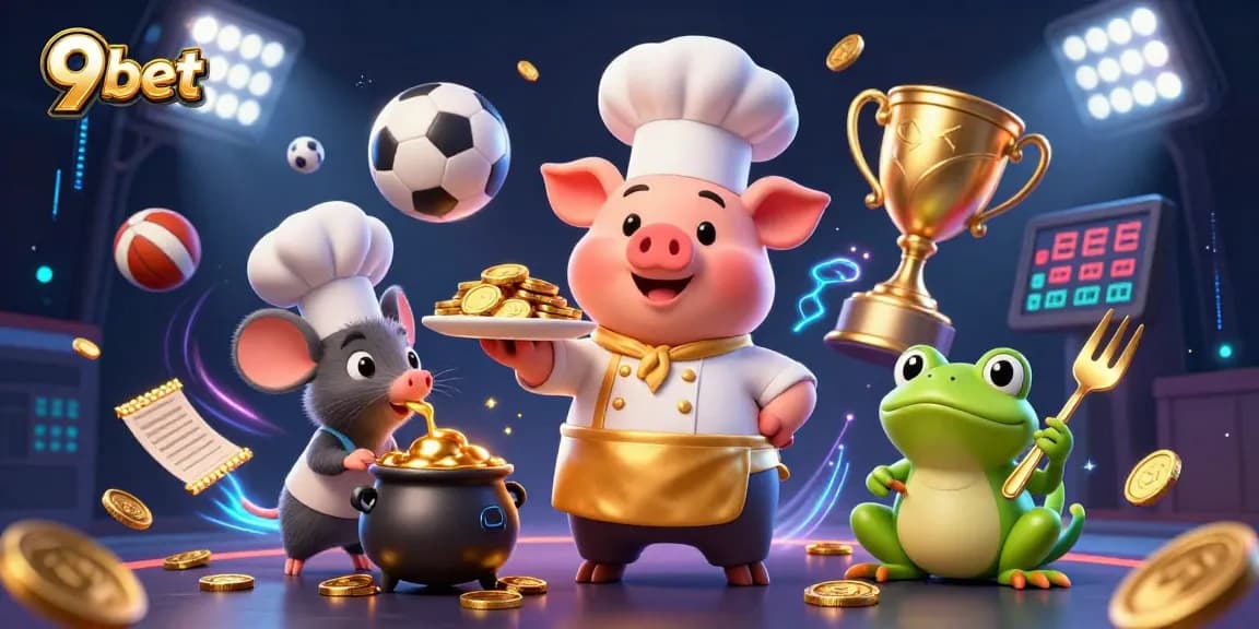 Betting on sports like 9bet with engaging cartoon characters sharing gold coins in a casino setting.