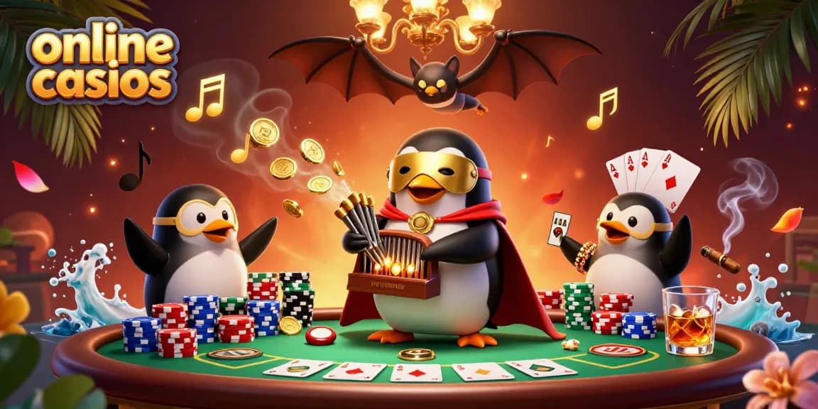 Experience thrilling online casinos with a penguin playing an organ, shooting gold coins.