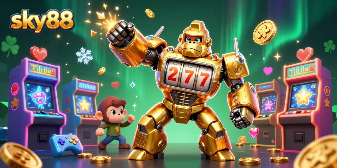 Experience thrilling action at sky88 with a golden gorilla mech and exciting casino game elements.