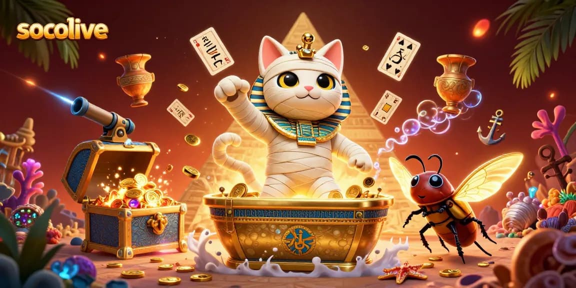 Experience high-quality socolive gaming with the vibrant mummy cat emerging from a pyramid casino.