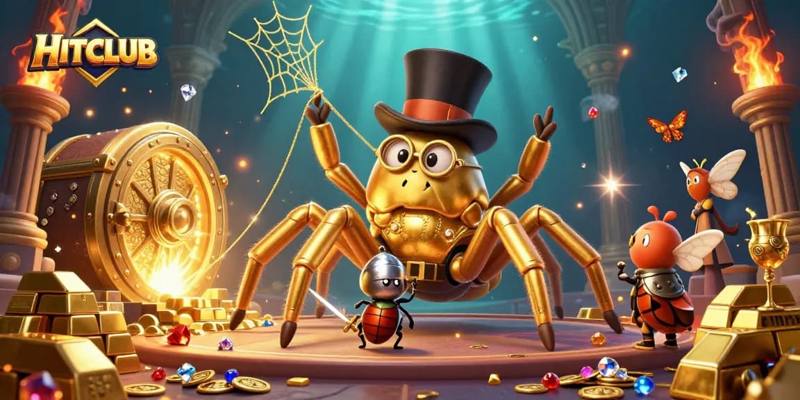 Join the excitement at HITCLUB with a vibrant 3D illustration of a golden tarantula weaving a web amidst casino riches.
