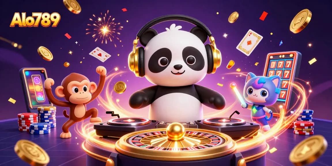 Alo789's vibrant scene showcases a DJ panda, breakdancing monkey, and kitten amidst cascading coins and roulette elements, epitomizing an exhilarating gambling atmosphere.