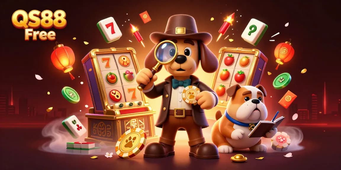 Engage in thrilling gambling at QS88 Free, featuring a detective and dog uncovering treasures with rich casino symbols.