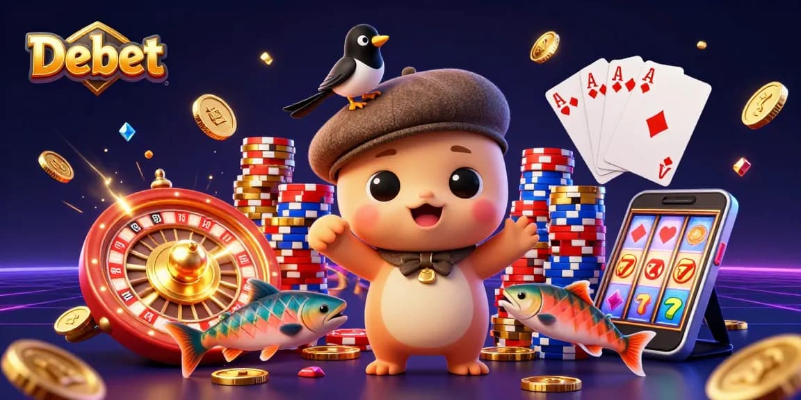 Experience thrilling gameplay with Debet, featuring a playful Nessie, gold coins, and vibrant poker chips.