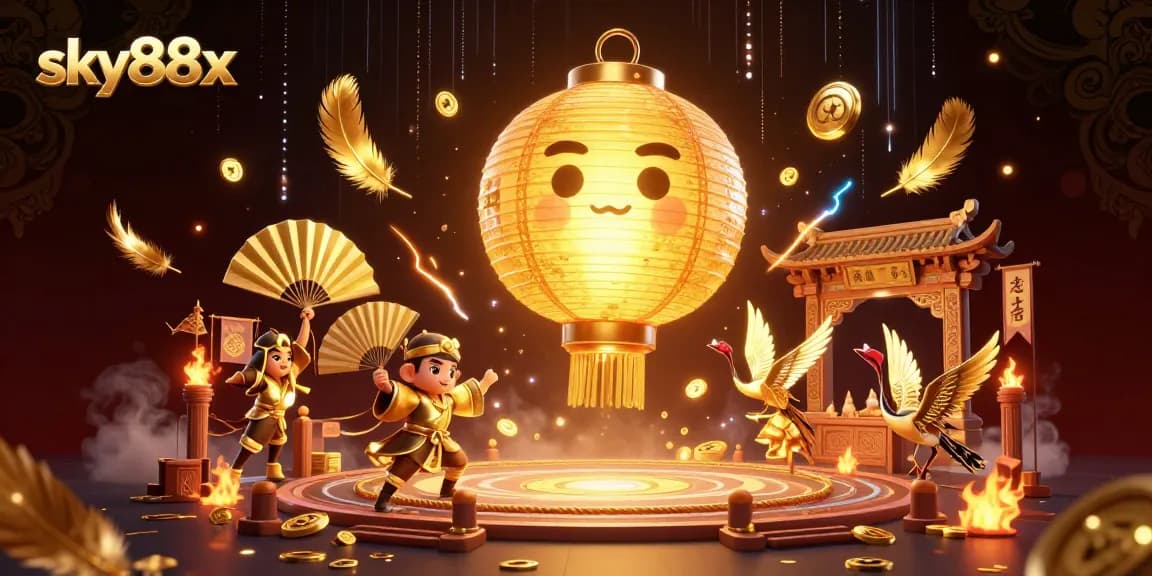 Engage with sky88x in a vibrant night market casino scene, showcasing golden lanterns and interactive gaming elements.